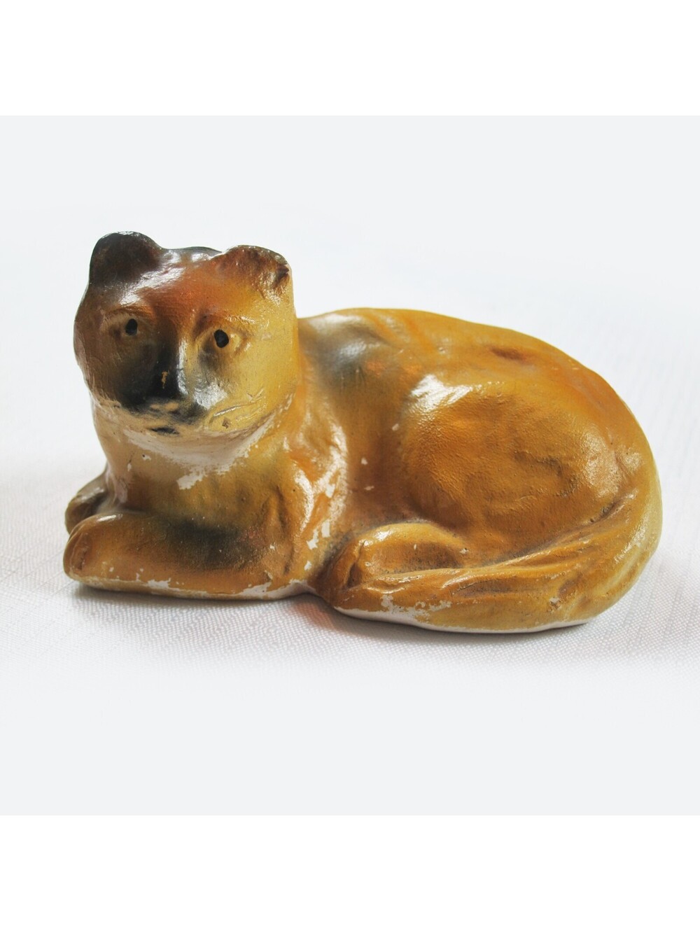 Vintage Cat Figurine American Curl Calico Orange & Black Lay Resting Chalkware